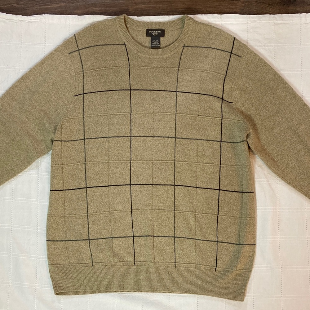 Dockers Tan Sweater with Black Grid Pattern